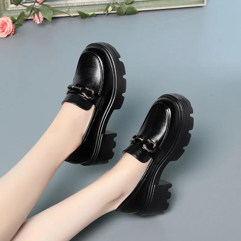 Vintage Britischer Stil Weiche Leder Slipper Dicke Sohle Plateau Schuhe Herbst Mittel Blockabsatz Schuhe Schwarz für Büro Mutter