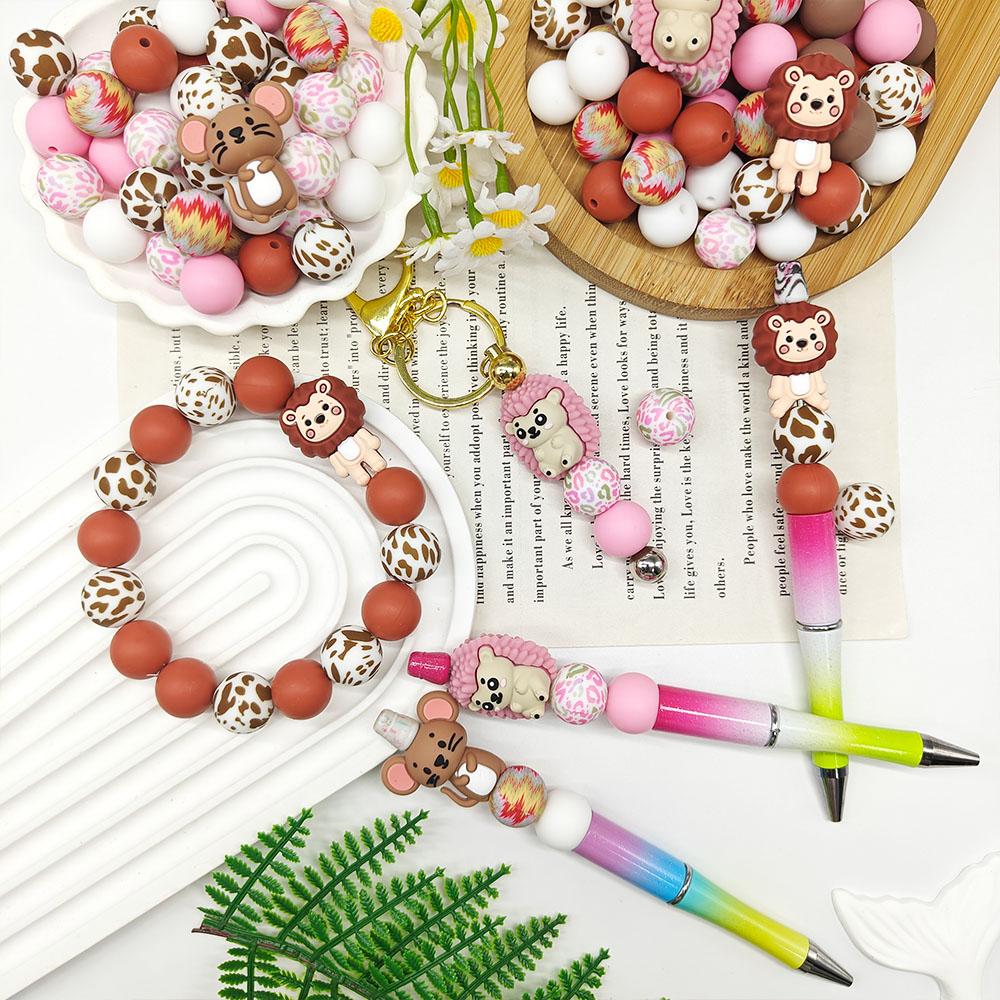 25/55PCS Mouse Hedgehog Lion Silicone Bead Set, perfect for DIY handmade crafts such as keychains, necklaces, bracelets, etc