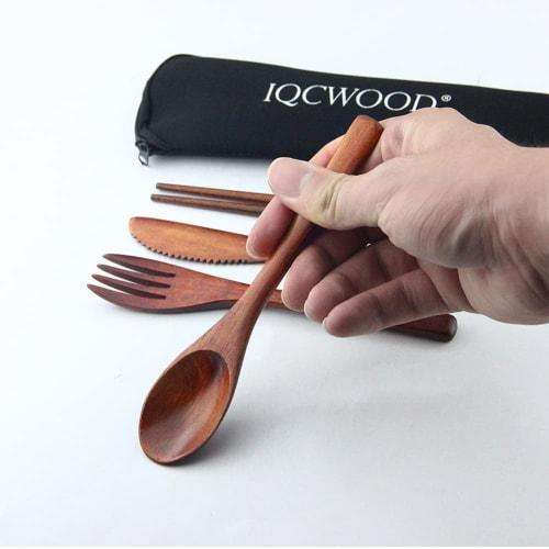 YFWOOD 5-Piece Cutlery Set: Fork, Spoon, Chopsticks, Knife, and Storage Bag, 16cm Long, Made of Natural Wood with Genuine Lacquer Finish, Lightweight,
