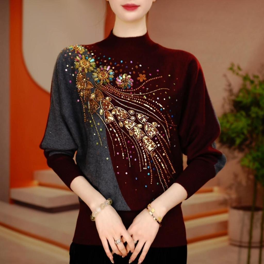 Autumn Winter Women's Half Turtleneck Fleece Blouse Rhinestones Loose Printed Base Shirt