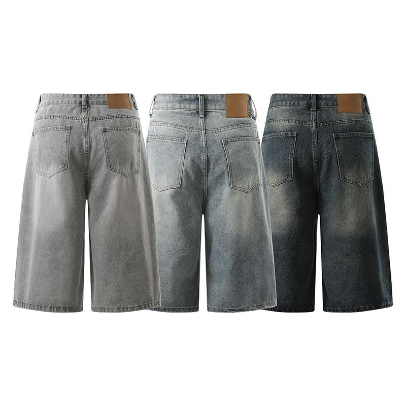 Men's Vintage Washed Cropped Jeans  Loose Wide Leg Casual Denim Pants Unisex