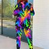 Damen Übergröße Rundhals Langarm Schwarz Gold Bedruckt Oberteil Eng Anliegende Hose Zweiteiliges Set