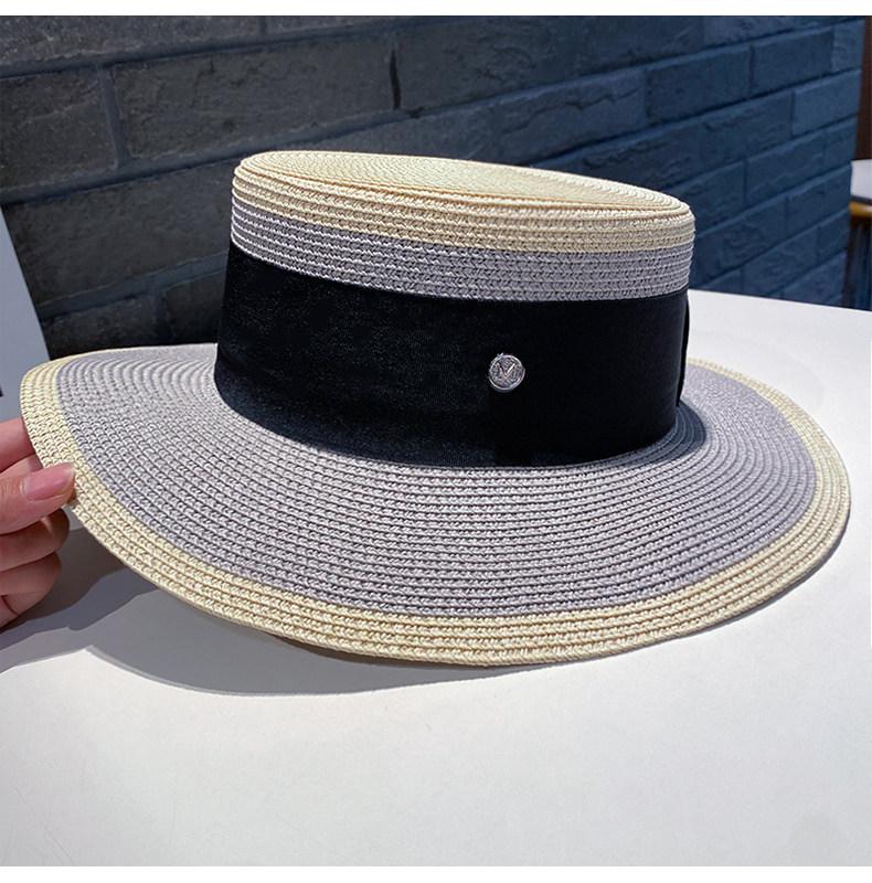 Damen Color-Block Britischer Retro Flacher Strohhut Sommer Sonnenschutz Sonnenschirm Urlaub Strand Zylinderhut