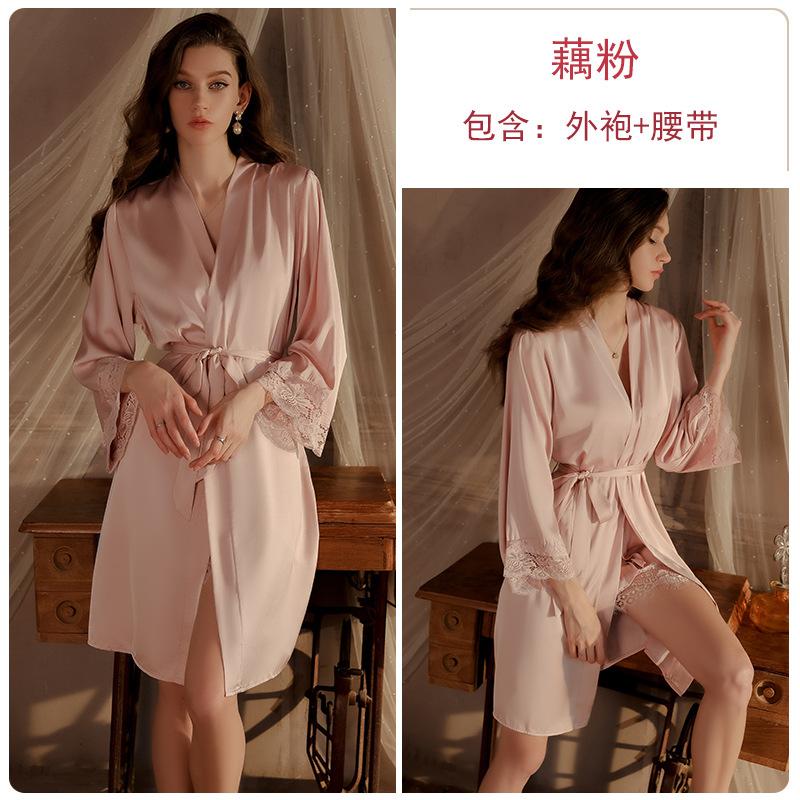 Ensemble pyjama bretelles femme, robe de nuit, peignoir, en dentelle pure, maille fendue, décolleté plongeant, froncé, avec coussinets de poitrine