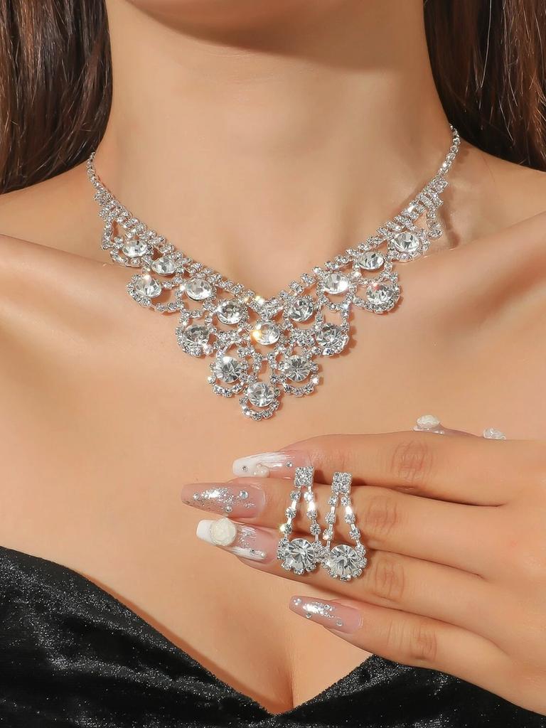 Bridal Jewelry Set Chain Claw Chain Rhinestone Necklace Earrings Set Dinner Dress Clavicle Chain Women'S Xiaoxiangfeng