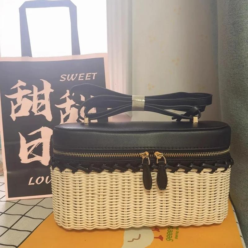 2025 Luxury Designer Fashion Woven Bamboo Box Bag Women Trendy PU Leather Splicing Rattan Handbags Travel Versatile Shoulder Bag