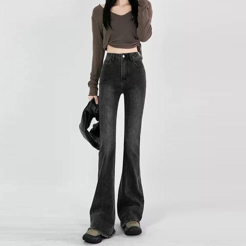 Raw Edge Design Sense Black Gray Micro Flared Jeans Woman