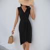 2025 New Elegant Fashion Party Slim Black Sleeveless V-Neck Slit Dress