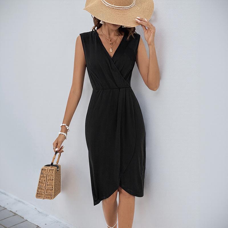 2025 New Elegant Fashion Party Slim Black Sleeveless V-Neck Slit Dress