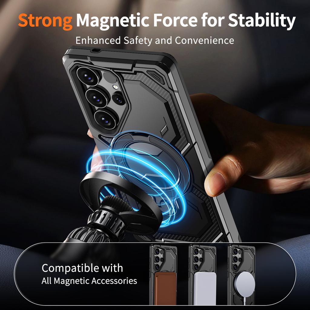 For Samsung Galaxy S24 Ultra Magnetic Case Ring Kickstand PC + TPU Hybrid Phone Cover