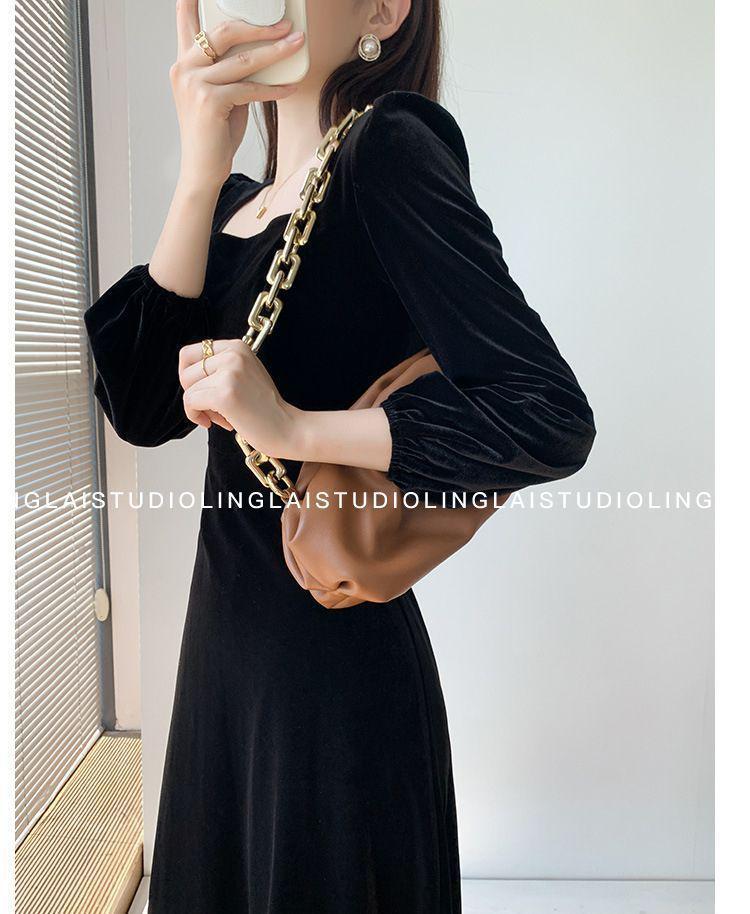 Women's Long Sleeve Velvet Dress: Autumn/Winter, French Retro A-line, Waist-Cinching, Square Neck, Hepburn Style Little Black Dress