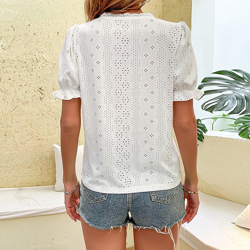 YYFS Women's Fashion Casual White Solid Color Print Short Sleeve V-Neck Blouses & Shirts