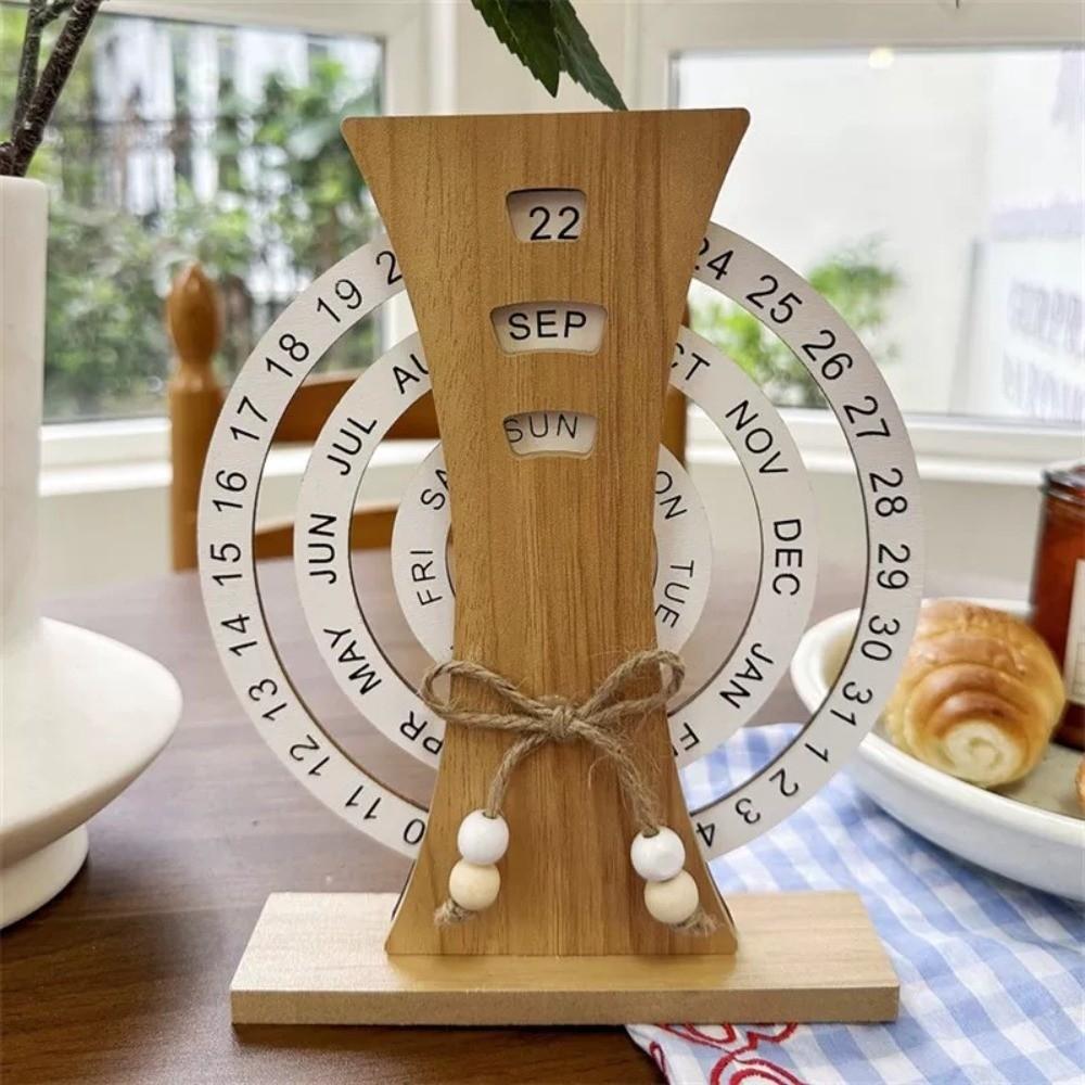 Reusable Manual Rotating Desk Calendar Moon Rotatable Desk Ornament Wooden Perpetual Calendar  Room