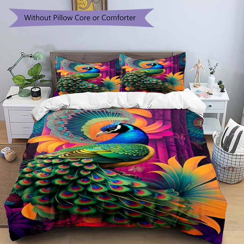 3pcs Peacock Feather Print Duvet Cover Set - Includes 1 Duvet Cover and 2 Pillowcases, No Quilt Core, All-Season Home Decor yy251111024