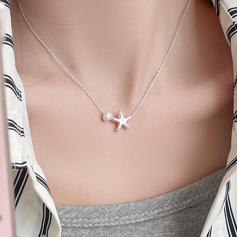Banyan Tree S925 Silver Starfish Pearl Necklace for Women - Summer Korean Sweet Style.