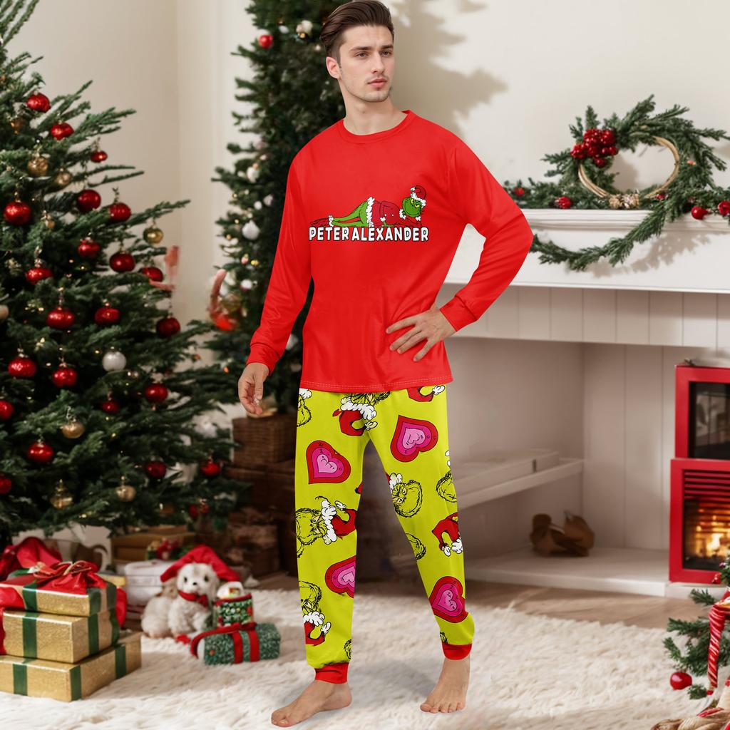 Family Matching Printed Neck Long Sleeve Loungewear Set with Long Pants for Parents and Kids