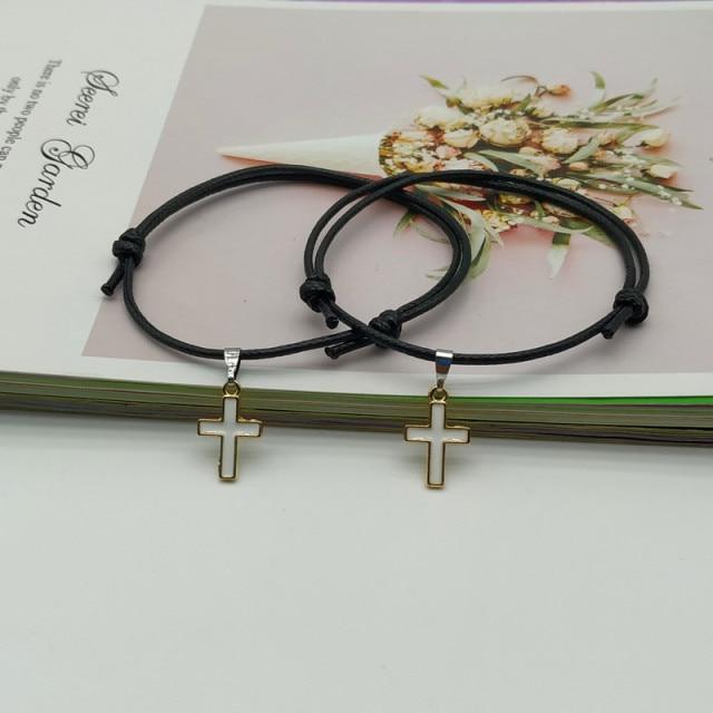 2 Pcs /Lot Cross Couple Wrist Bracelet New Arrival Stylish Fashionable White Black Color Charm Bracelets Present Gift Idea Friend Lover Handmade