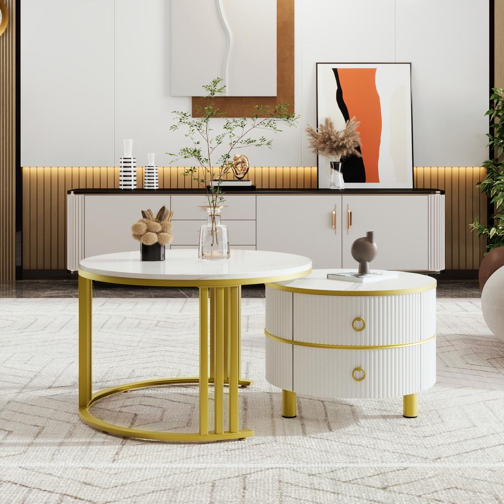 2-in-1 Runder MDF-Couchtisch, Beistelltisch mit glänzender Oberfläche und weißer Marmorplatte, Wohnzimmertisch-Kombination mit 2 Schubladen, 70*70*46 + 50*50*40 cm
