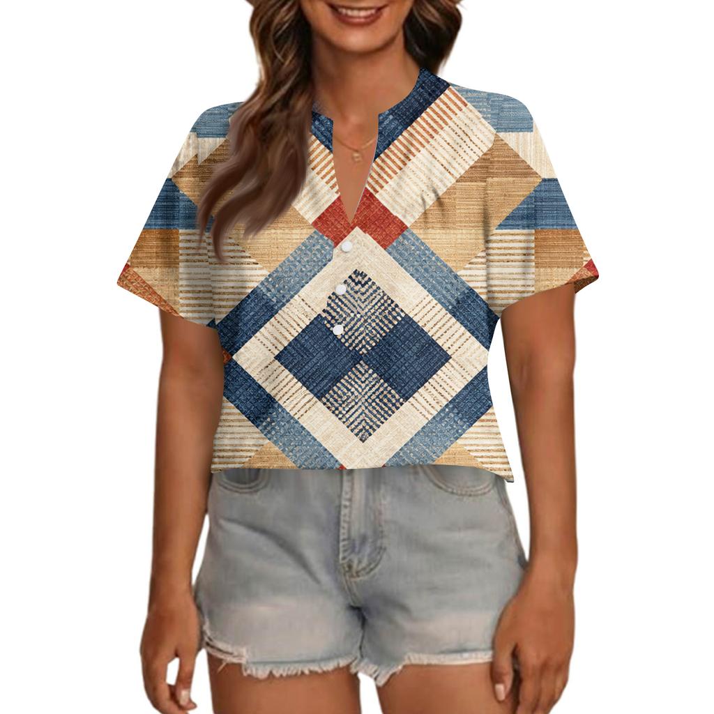 Women's Fashionable Casual V Neck Button Up Oversized Short Sleeve Printed Top