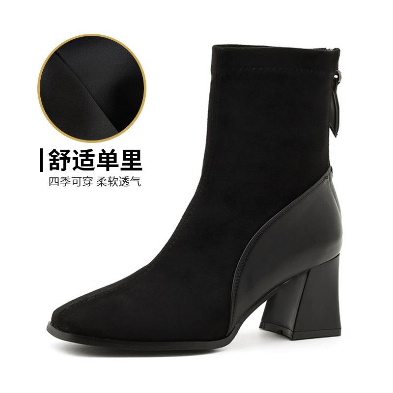 

Корейская версия замшевых ботильонов с квадратным носком для детей, новинка осени и зимы 2024 года, ботильоны на толстом каблуке в британском стиле, ботинки на молнии сзади для женщин 34 чёрный