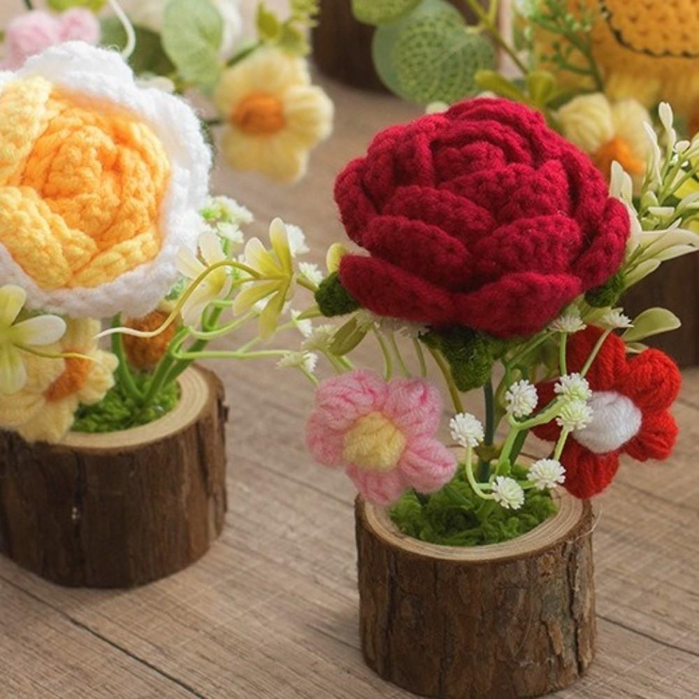 Hand-woven Knitted Flowers Potted Sunflower Tulip DIY Craft Artificial Flower Cute Design Colorful Handmade Plant Decor