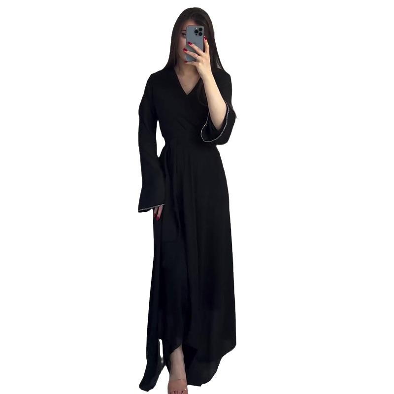2024 Autumn Women's Lightly Mature V-Neck Waist-Tie Solid Color Long-Sleeve Dress