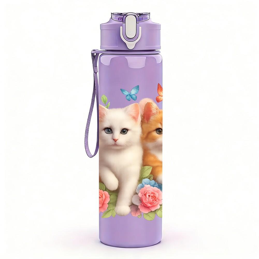 1PC Three Cats Floral Portrait 750ml Color Plastic Sports Water Bottle Leakproof Flip Straw Lid Suitable for Sports Office Home Use
