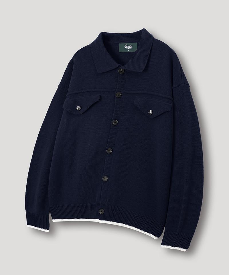 Nodu Collar Pocket Knit Jacket Cardigan [Navy]