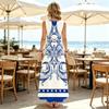 Sleeveless Floor-Length Dress,Blue & White Pattern,Lightweight Slim Fit,Great for Beach Vacation,Daily Casual & Party,Versatile Ladies Long Dresses