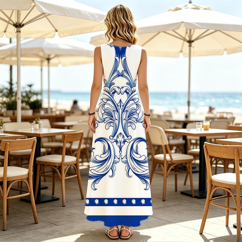 Sleeveless Floor-Length Dress,Blue & White Pattern,Lightweight Slim Fit,Great for Beach Vacation,Daily Casual & Party,Versatile Ladies Long Dresses