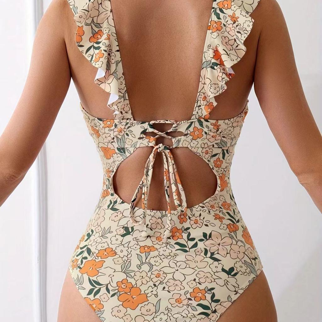 European and American Popular Women's One-piece Swimsuit V-neck Swimsuit with Ruffle Edge Strap Swimsuit