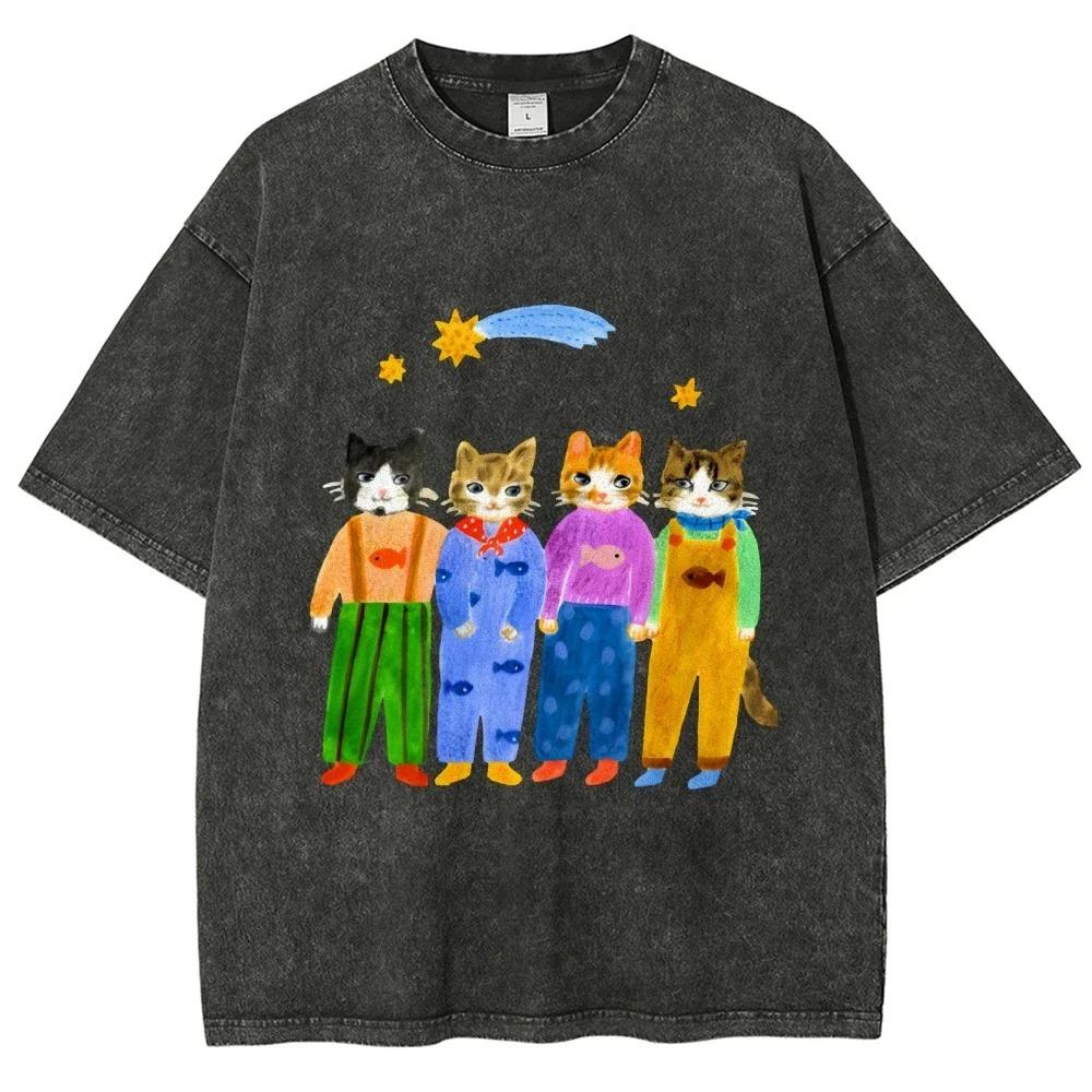 

Washed Vintage Colorful Aesthetic Cats Graphic New Arrival Mens Clothes Tee Shirt Homme TShirts Tshirt for Men Ropa Hombre S
