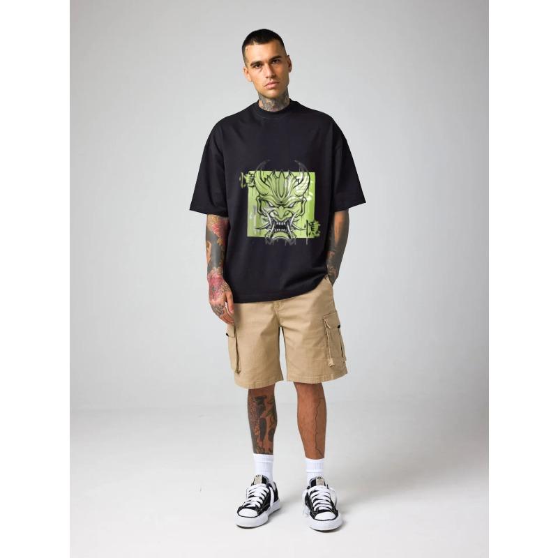 Weißes T-Shirt Herren Streetwear Grafik Drachengesicht Print Chinesische Schriftzeichen Lässig Mode Top Alltagskleidung Sommer Outfit