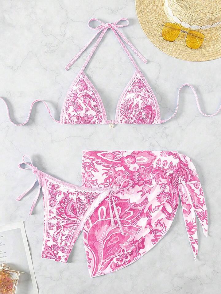 New Style Blue & White Porcelain Three-Piece Split Bikini: Sexy Backless Halter Tie-Up Swimwear for Women L