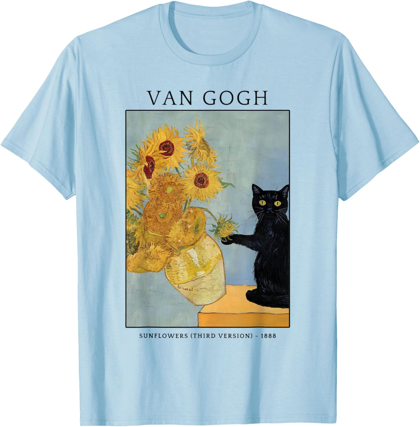 Black Cat Van Gogh Sunflowers Art Parody Graphic Tee Soft Cotton Casual Crewneck TShirt S