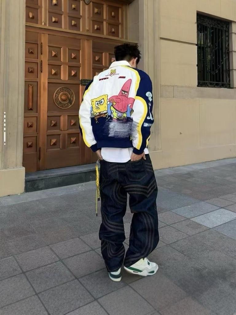 מעיל היפ הופ צבעוני בסגנון רחוב ספוג בוב לגברים - קז'ואל, גזרה רפויה