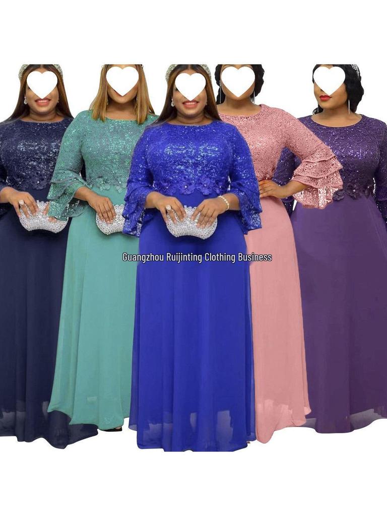 African European Women's Plus Size 2023 New Lace Heavy Work Chiffon Dress