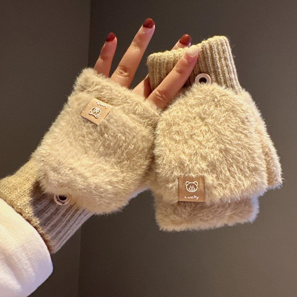 Cute Autumn Winter Half Finger Gloves Plush Warm Touchscreen Gloves Thickened Anti-Cold Flip Cover Gloves Student Writing Gloves