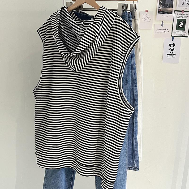 Gestreiftes Kapuzen-Ärmelloses Sweatshirt Damen Frühling und Herbst Neu Amerikanisch Locker Lagenlook Pullover Weste Westentop