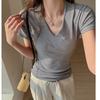 V-Neck Threaded Cotton Design Splicing Front Shoulder Short Sleeve T-Shirt Korean Women's Premium Waist Thin Bottom Shirt Top