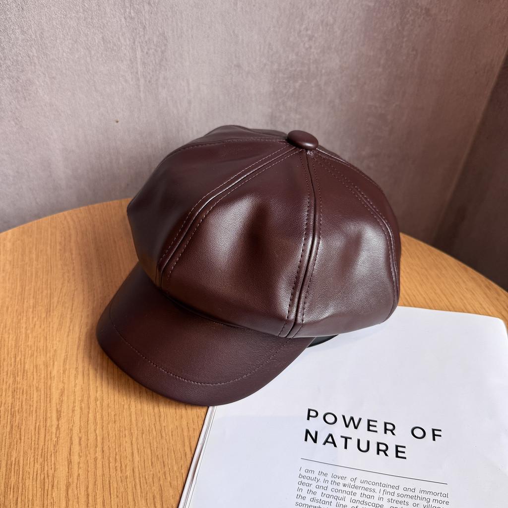 Retro Style Octagon Hat For Girls In Pu Leather With Sunshade And Breathability