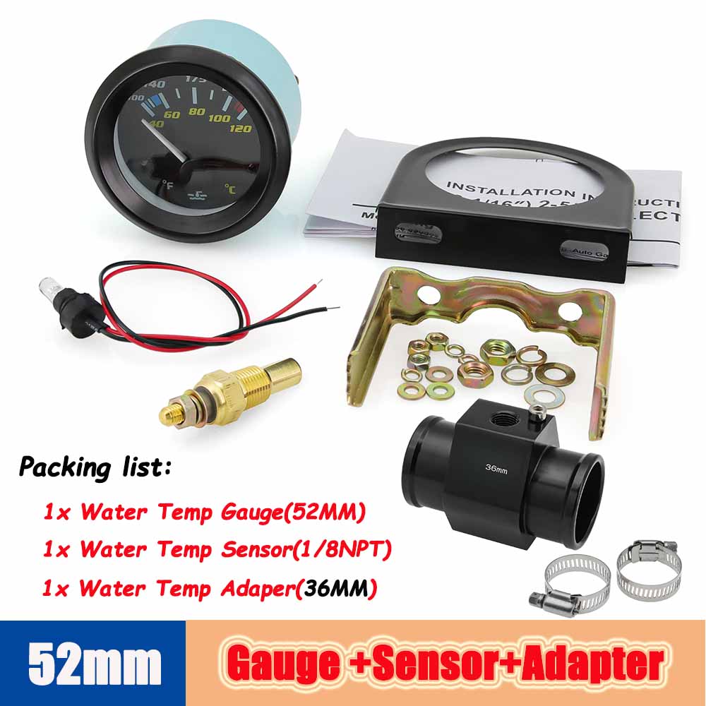 52mm Auto Temp Gauge Dual Unit Digital 40-120℃/100-250℉ Water Temperature Indicator Sensor Adapter 1/8NPT For Gasoline Vehicle