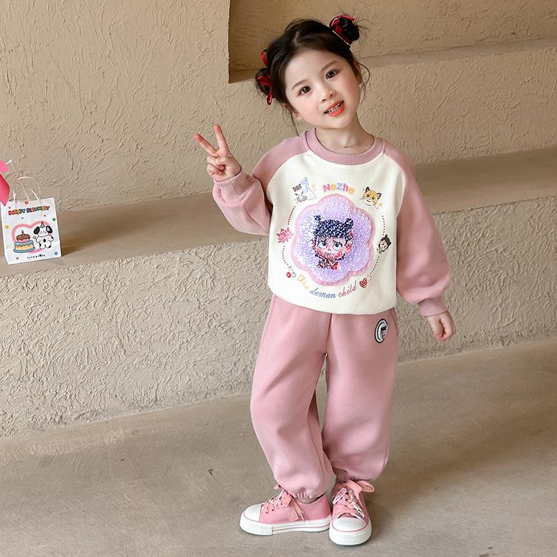 Kids Autumn Glitter Changing Long Sleeve Hoodie Set With Shiny Sweatpants 90 розовый