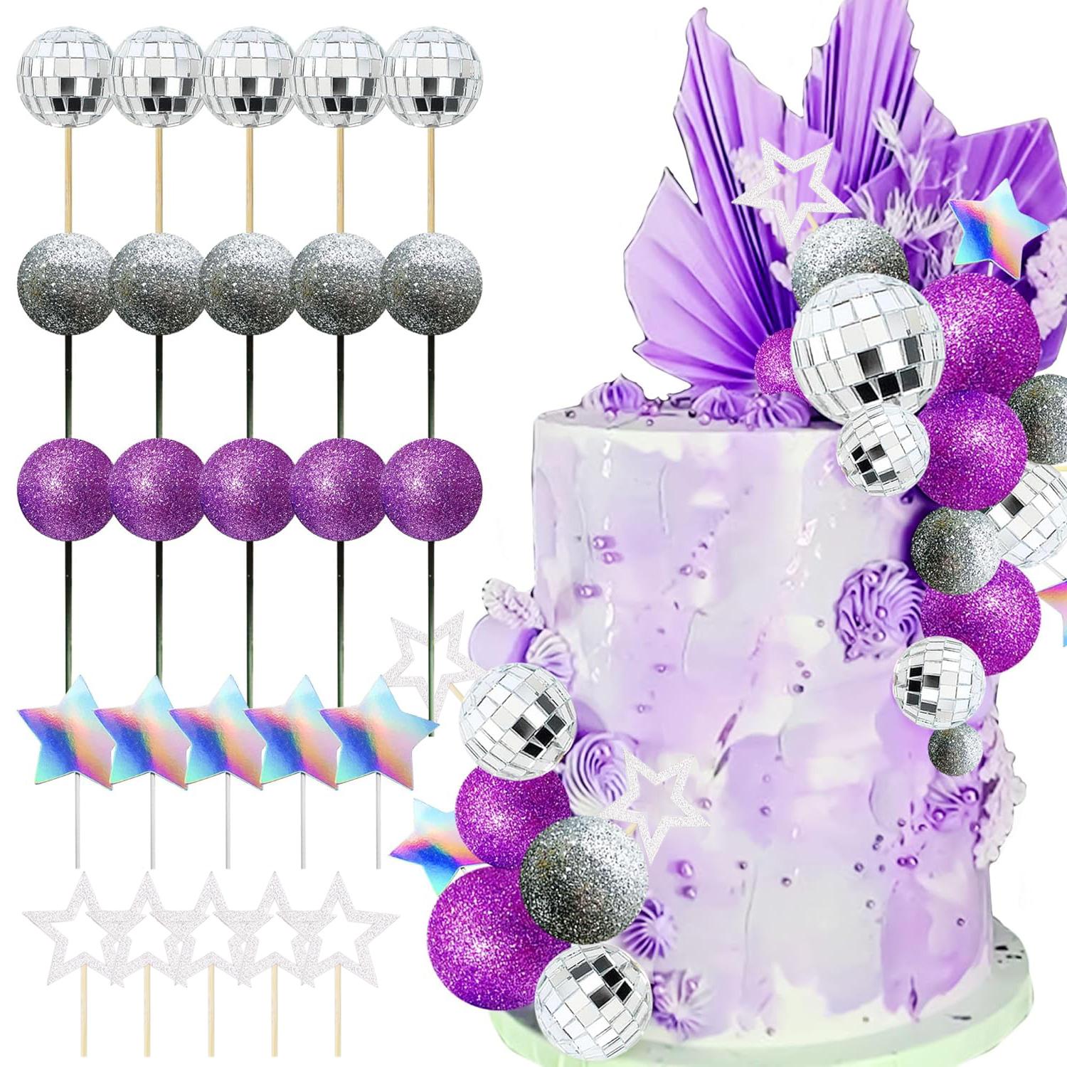 

Disco Ball Cake Topper Dancing Queen Cake Topper Silver Cake Balls With Stars for 70s Themed Party Supplies фиолетовый