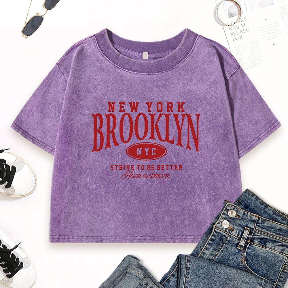 New York Brooklyn Art Letterprinting Women Washed T Shirt Summer Y2K T-Shirts Crewneck Short Sleeve Street Cotton Tops