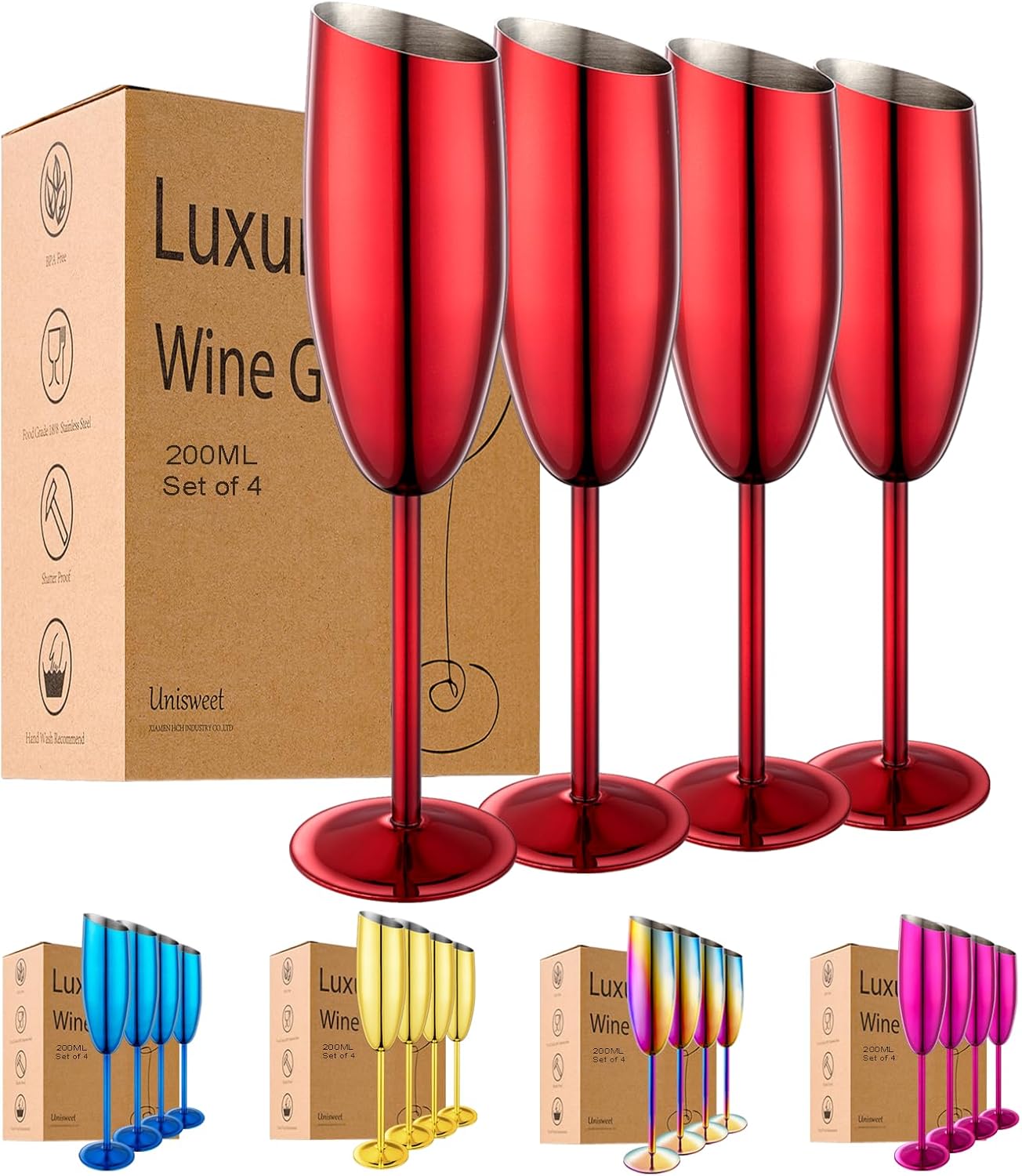 

Champagne Flutes Set of 4, Stainless Steel, 7oz Unbreakable, Elegant Long Stem, for Wedding & Birthday Party червоний