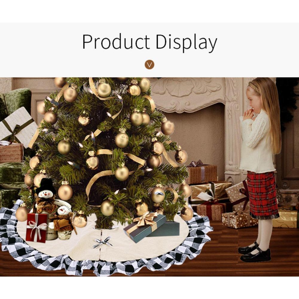 Burlap Fall Tree Skirt with  Buffalo Plaid Ruffle Border Large Christmas Tree Mat 48 Inches for Halloween Fall Christmas Black White Decorations