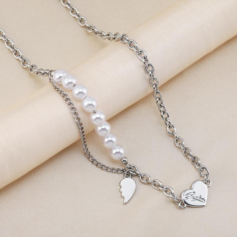

Heart Shaped Pearl Titanium Steel Chunky Necklace For Women Fashion Hip Hop Style