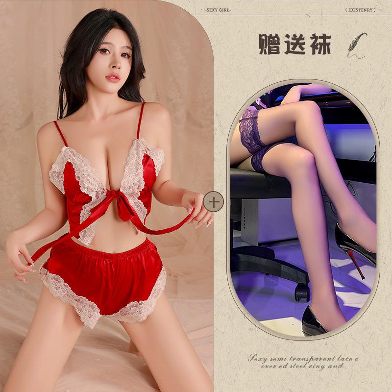 Sexy bow lace-up split two-piece sex suit women's deep V lace seduction sex pajamas