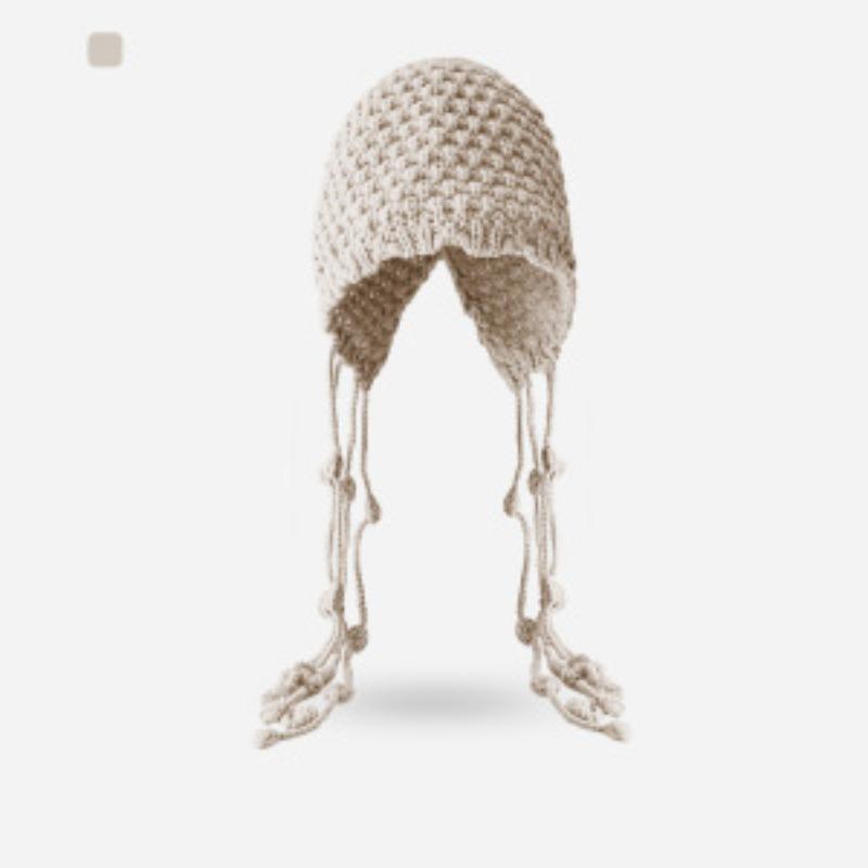 

Winter Handcrafted Fringed Ball Woolen Cap, Thickened Warm Headband Cap, Women s Ear Protection, Lace-up Knitted Cap бежевий